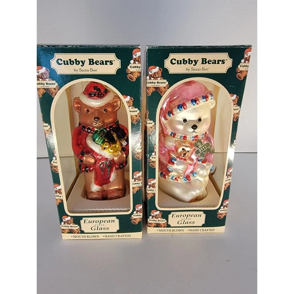 Vintage 1997 Cubby Bears Santa's Best Glass Ornaments Pair NOS Boxed Bear